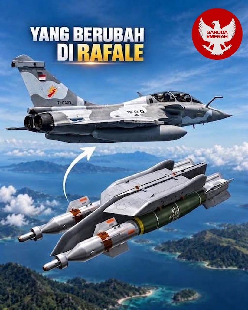 Jet tempur Rafale TNI AU dan detail rak peluncur tiga lapis AT730 persenjataan udara